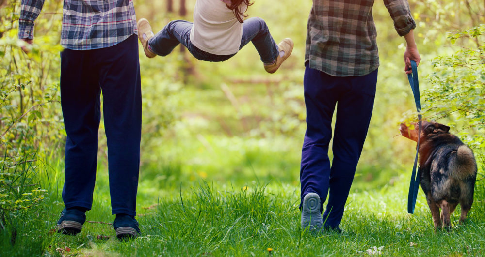 Happy family walking with dog in the forest